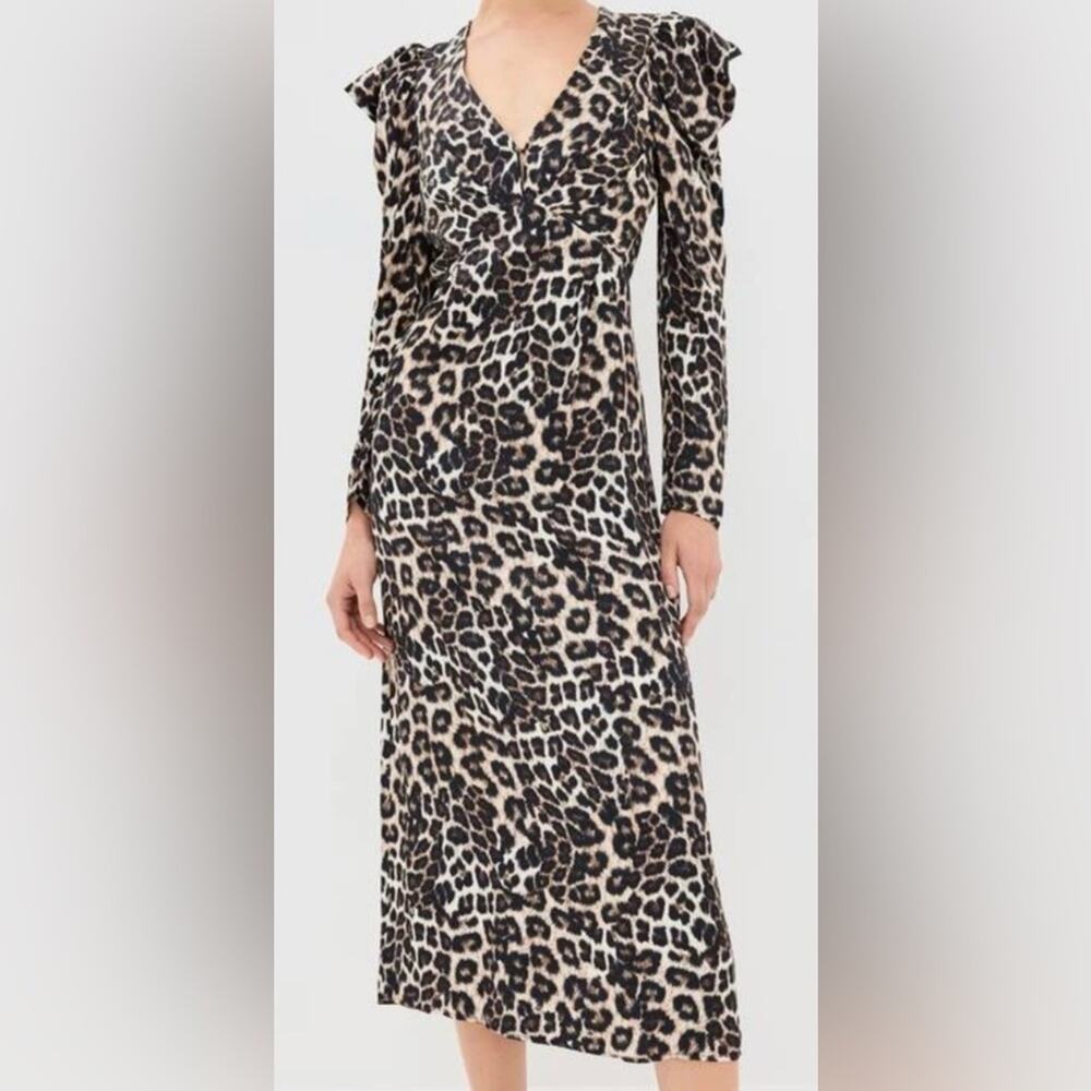 FARM Rio Leopard Print Midi Dress featuring puffed shoulders and a deep V. XS